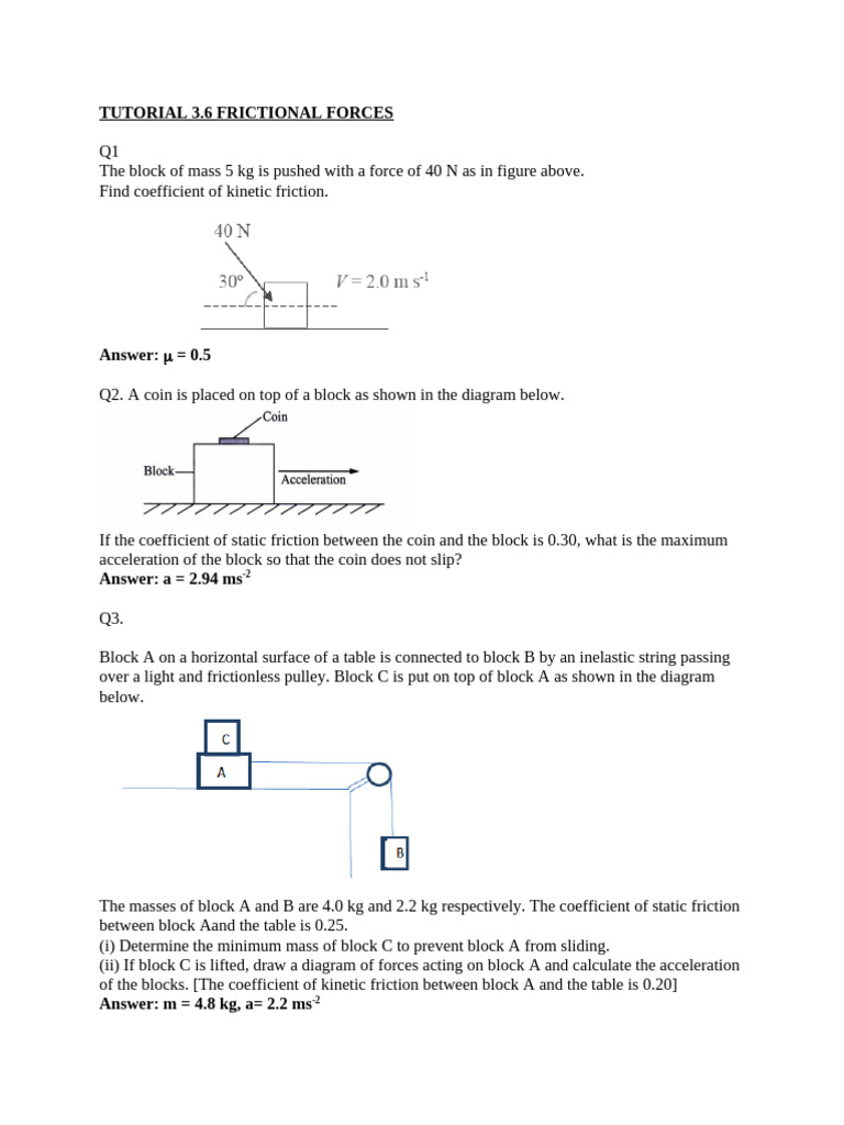 Frictional Forces Tutorial Solutions | PDF