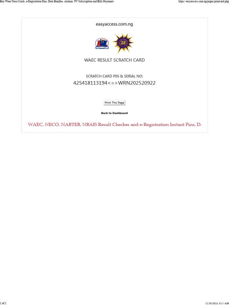WAEC Result Scratch Card Details | PDF