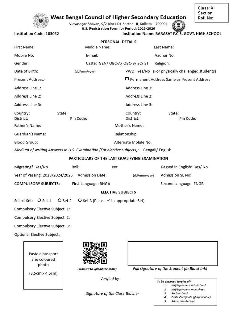 WBCHSE H.S. Registration Form 2025-26 | PDF
