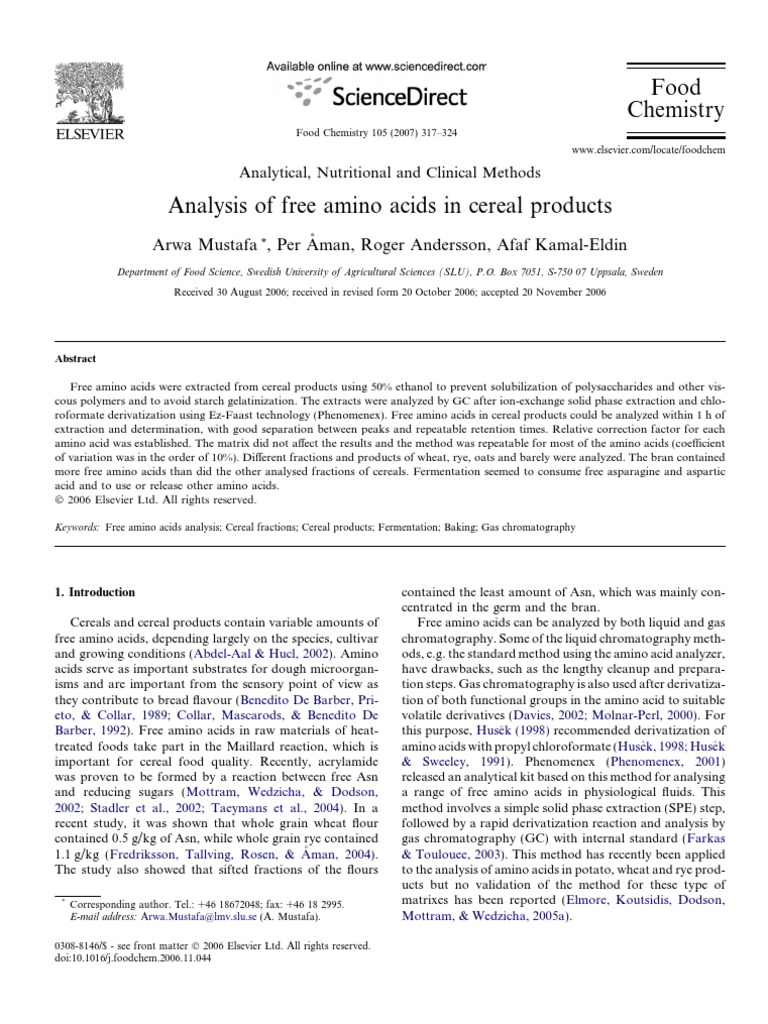 Amino Acid Analysis of Cereal Products PDF Cereals Oat