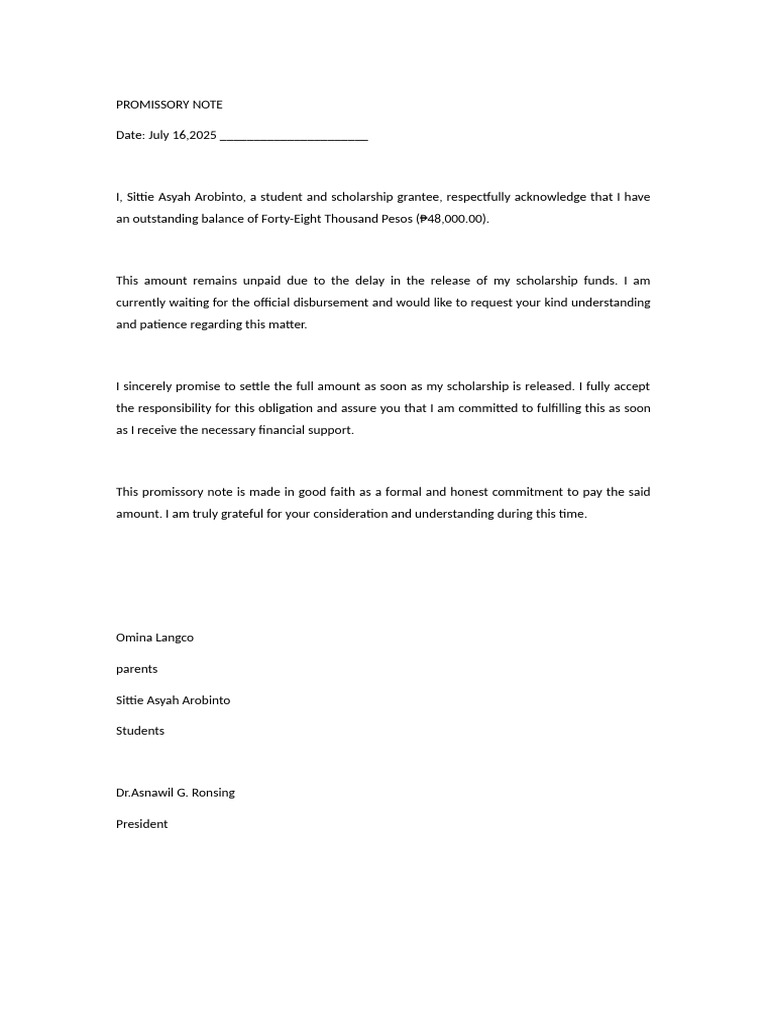 Student Promissory Note for Scholarship Delay | PDF