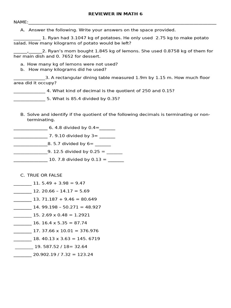 Reviewer in Math 6 | PDF