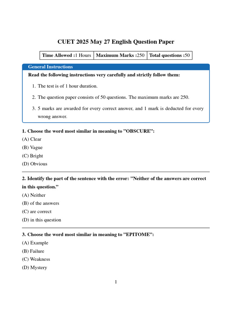 CUET 2025 Eng May 27 Question Paper | PDF