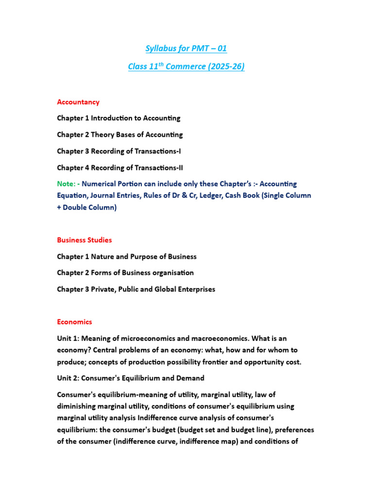 Syllabus of Class 11 Commerce For PMT 1 | PDF