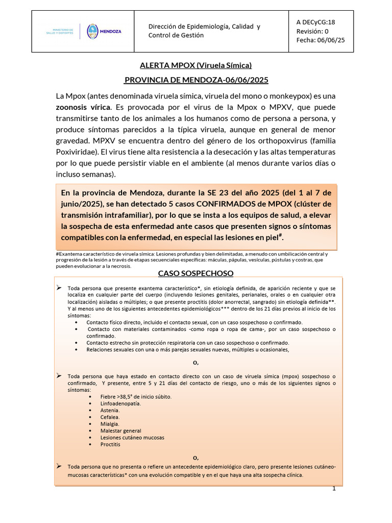 Alerta de Mpox en Mendoza, 2025 | PDF | Viruela | Virus