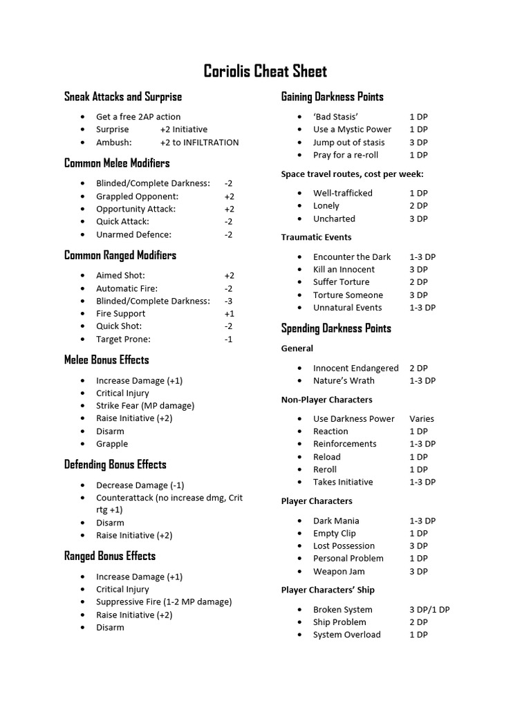 Coriolis Combat and Travel Cheat Sheet | PDF | Warfare
