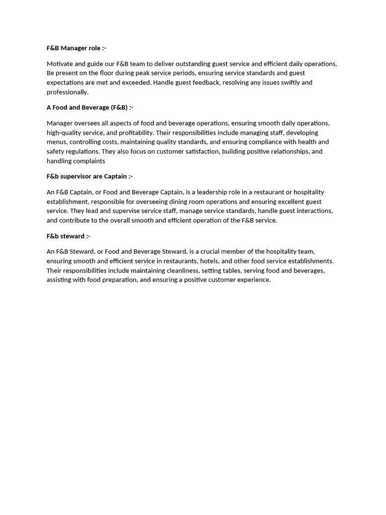 F&B Manager and Team Roles Explained | PDF