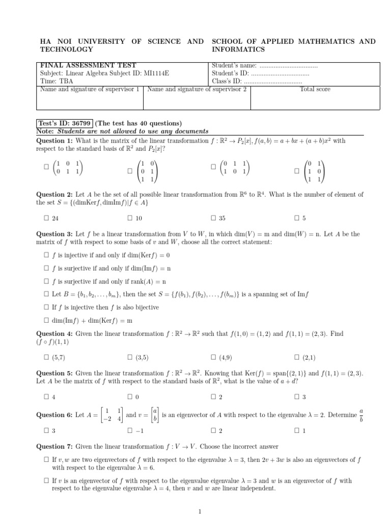 Linear Algebra Final Assessment Test | PDF | Eigenvalues And ...