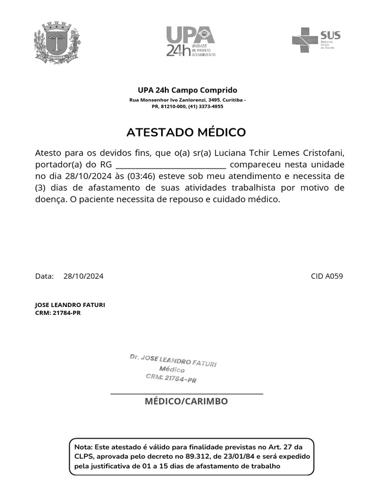 Atestado Médico de 3 Dias - Curitiba | PDF