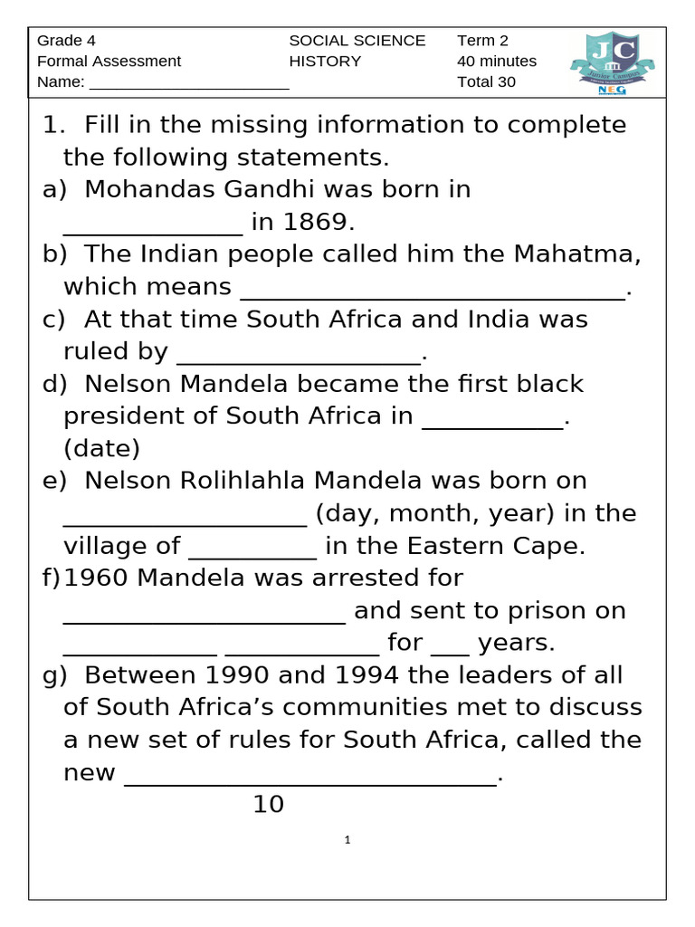 History Term 2 Exam M&G | PDF | Nelson Mandela | Mahatma Gandhi