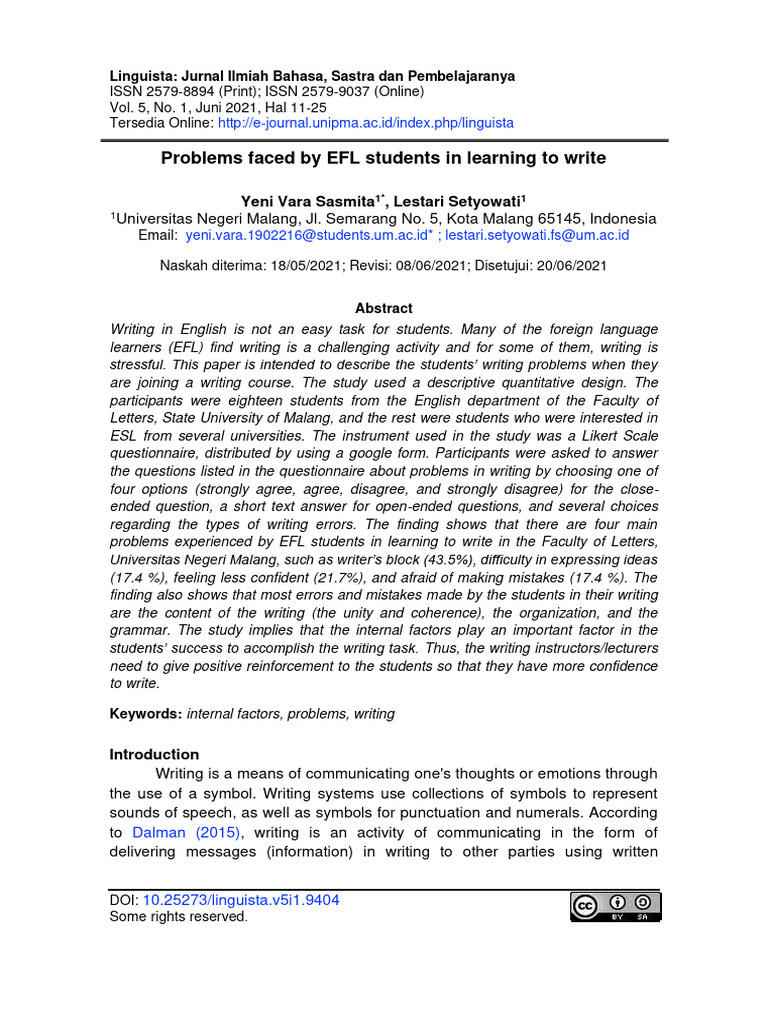 EFL Students' Writing Challenges | PDF | Quantitative Research | Writer ...