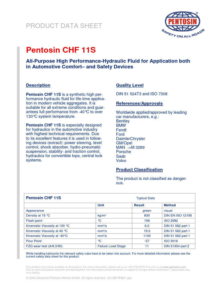 Pentosin CHF 11S Hydraulic Fluid Specs | PDF | Viscosity | Vehicles