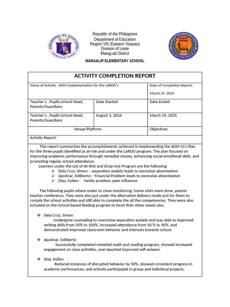 ADM Implementation Report for At-Risk Pupils | PDF | Teachers | Mentorship
