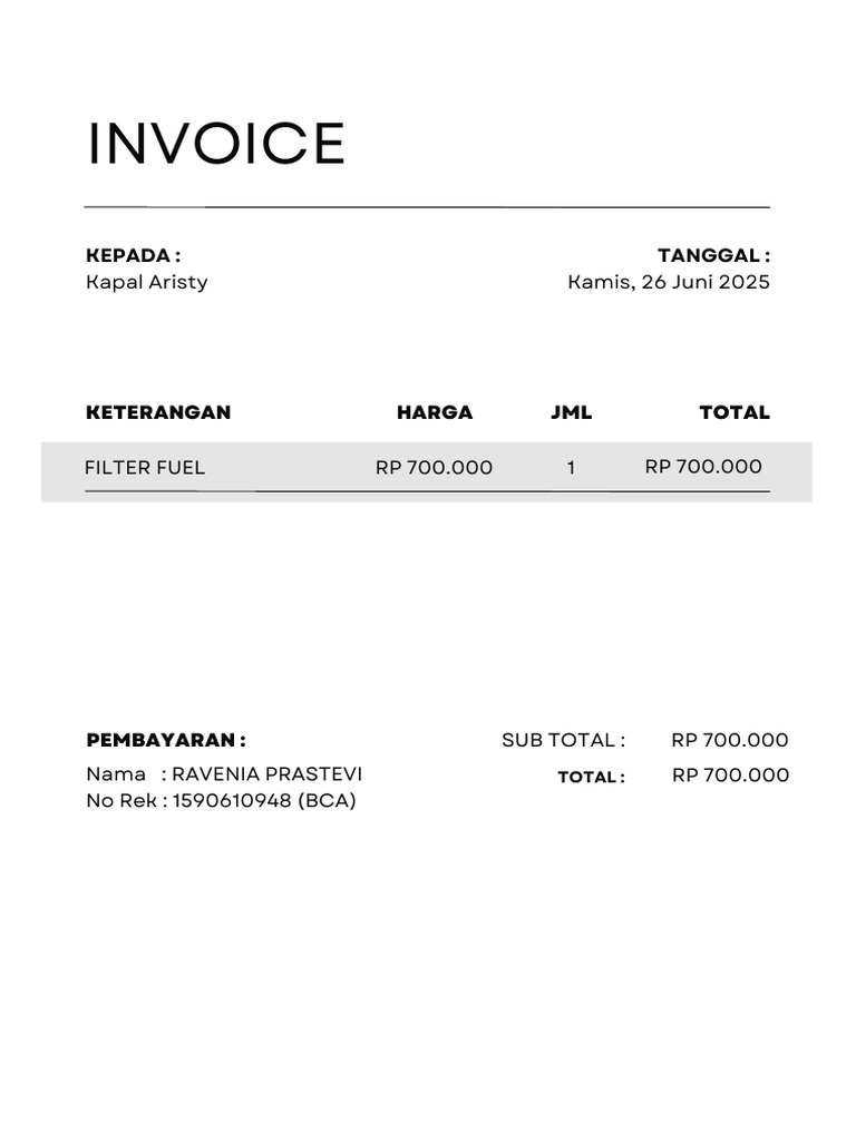 Invoice Pembayaran Filter Fuel 700K | PDF