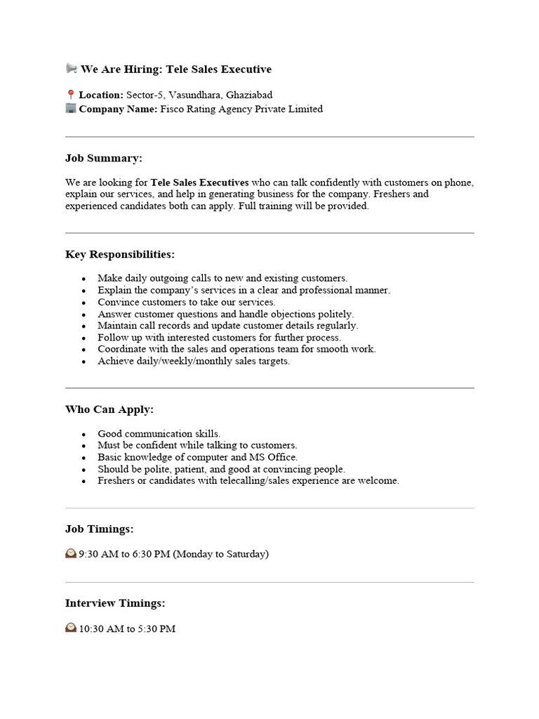 Tele Sales Executive Job Opening | PDF