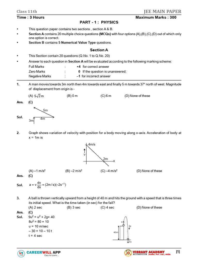 JEE Main Class 11 Physics Paper | PDF | Force | Mole (Unit)