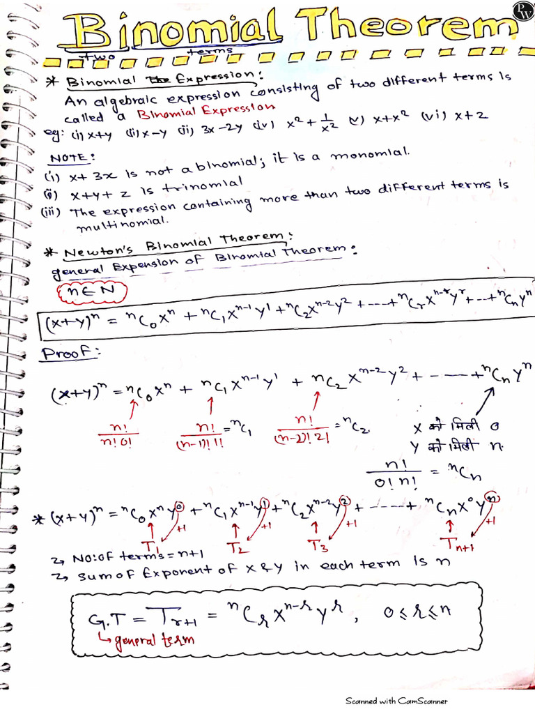 Binomial Theorem - Hand Written Notes | PDF