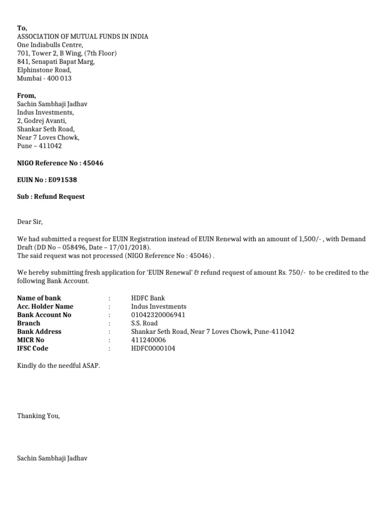 EUIN Renewal and Refund Request Letter | PDF