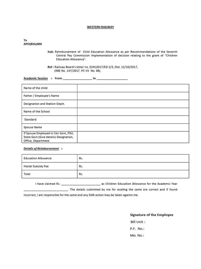 Child Education Allowance Reimbursement Form | PDF