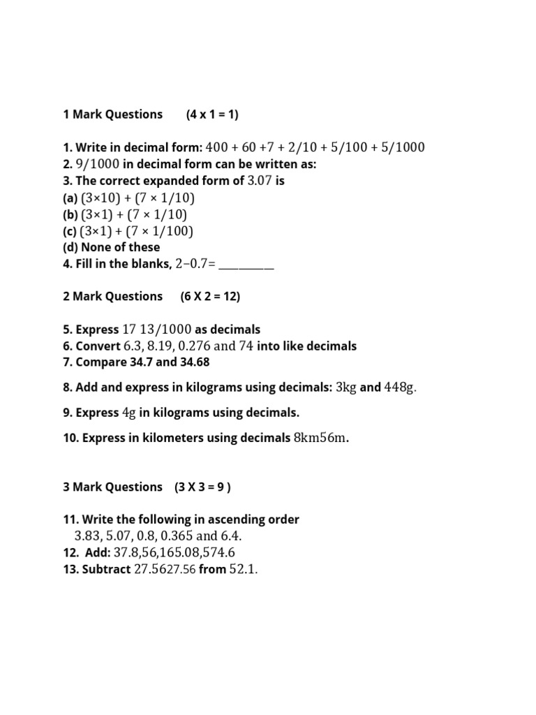 Class 6 Decimals Tuition Test | PDF