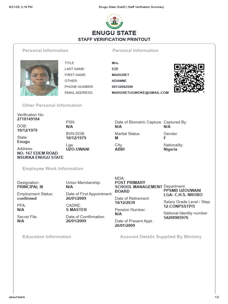 Enugu State OneID - Staff Verification Summary | PDF