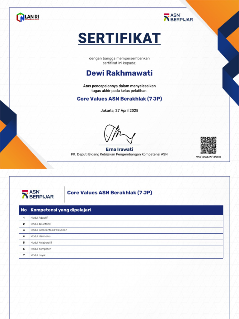 Sertifikat Core Values ASN Berakhlak | PDF
