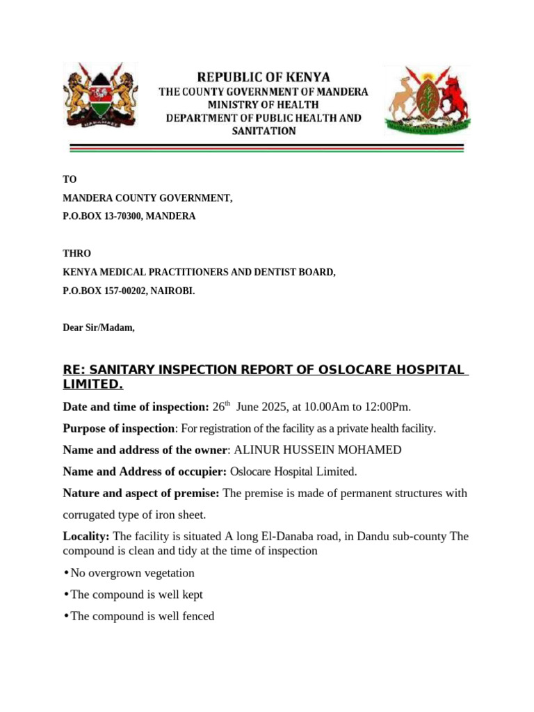 Sanitary Inspection Report of Oslocare Hospital Limited. | PDF