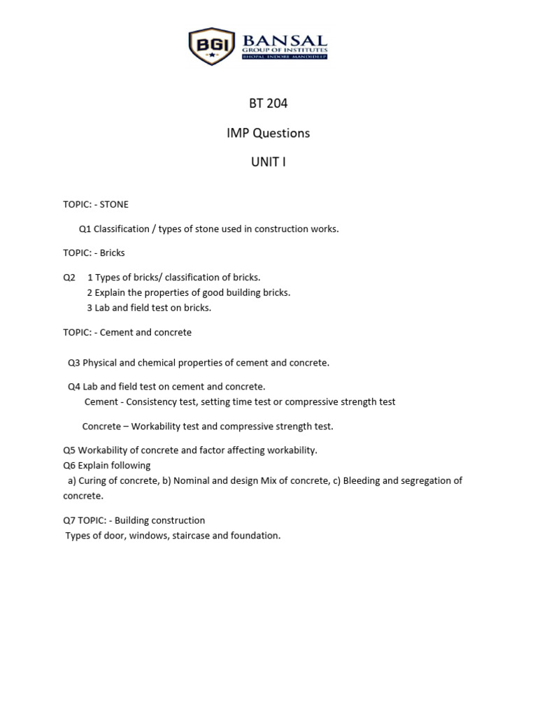 BT 204 Important Questions Overview | PDF