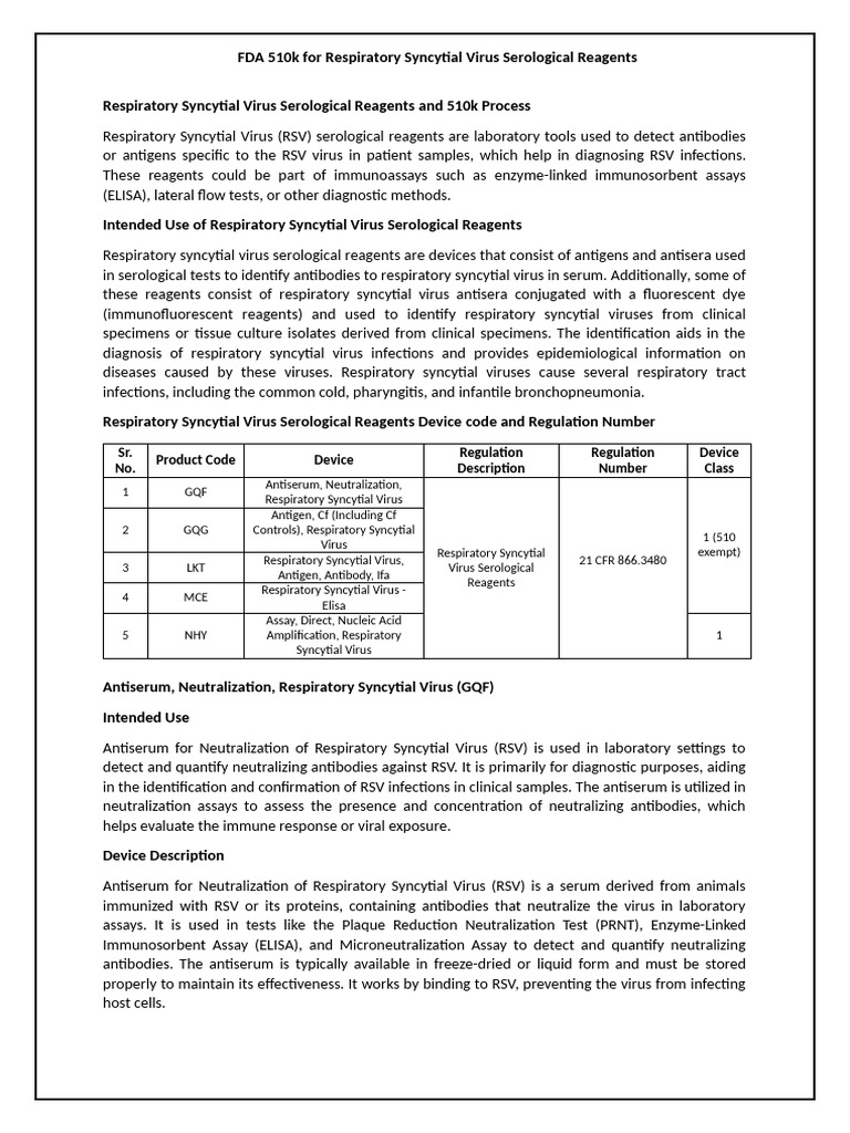FDA 510(k) Guide for RSV Reagents | PDF | Elisa | Serology