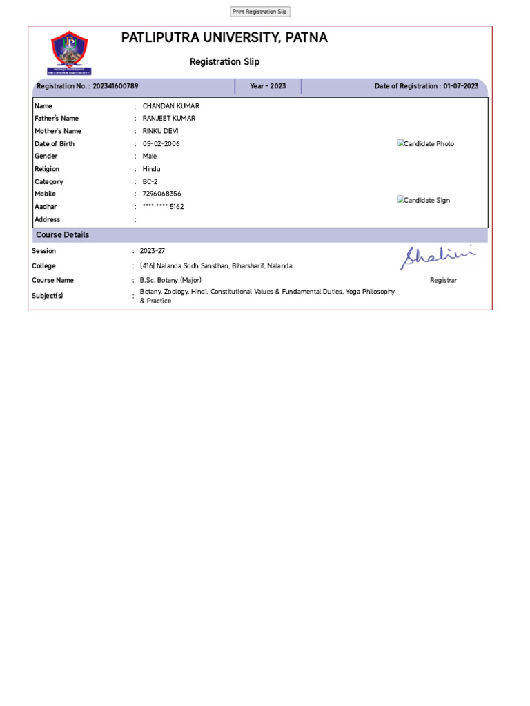 Registration Slip for B.Sc. Botany | PDF
