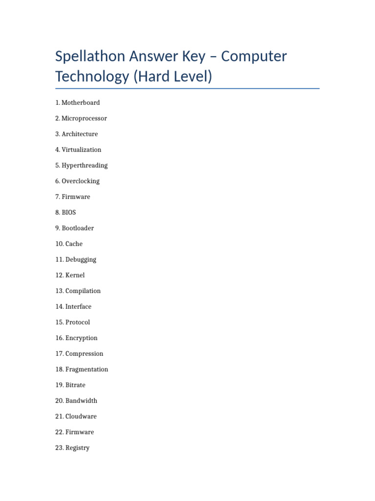 Hard Level Computer Tech Spellathon Key | PDF
