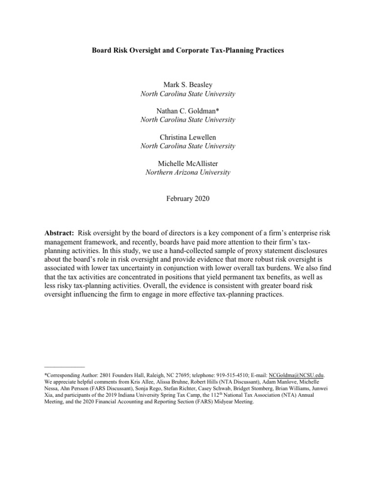 Art - Board Risk Oversight and Corporate Tax-Planning Practices | PDF ...