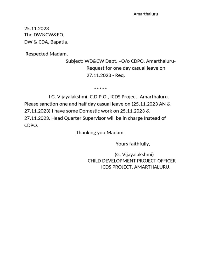 Casual Leave Request for CDPO Amarthaluru | PDF