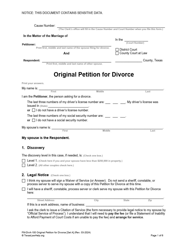 Texas Original Divorce Petition Form | PDF | Service Of Process | Marriage