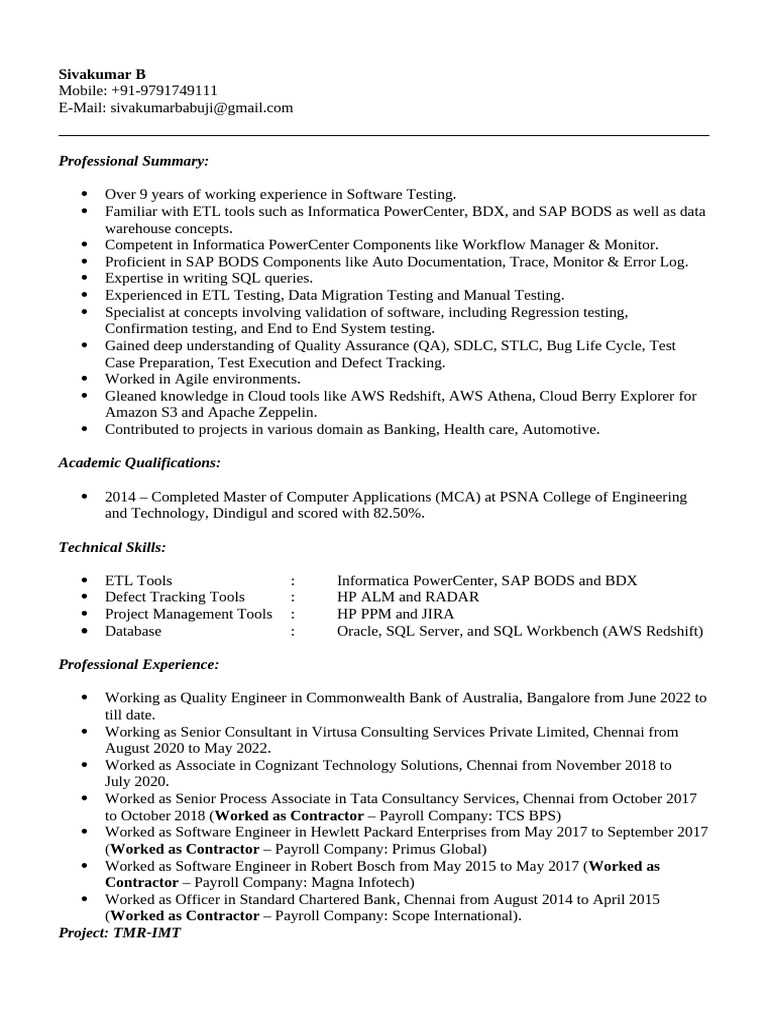 Software Testing and ETL Specialist Resume | PDF | Data Warehouse ...