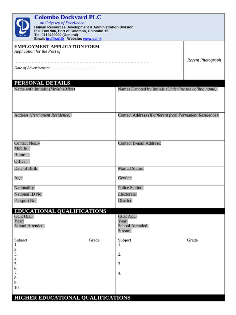 Colombo Dockyard Job Application Form | PDF