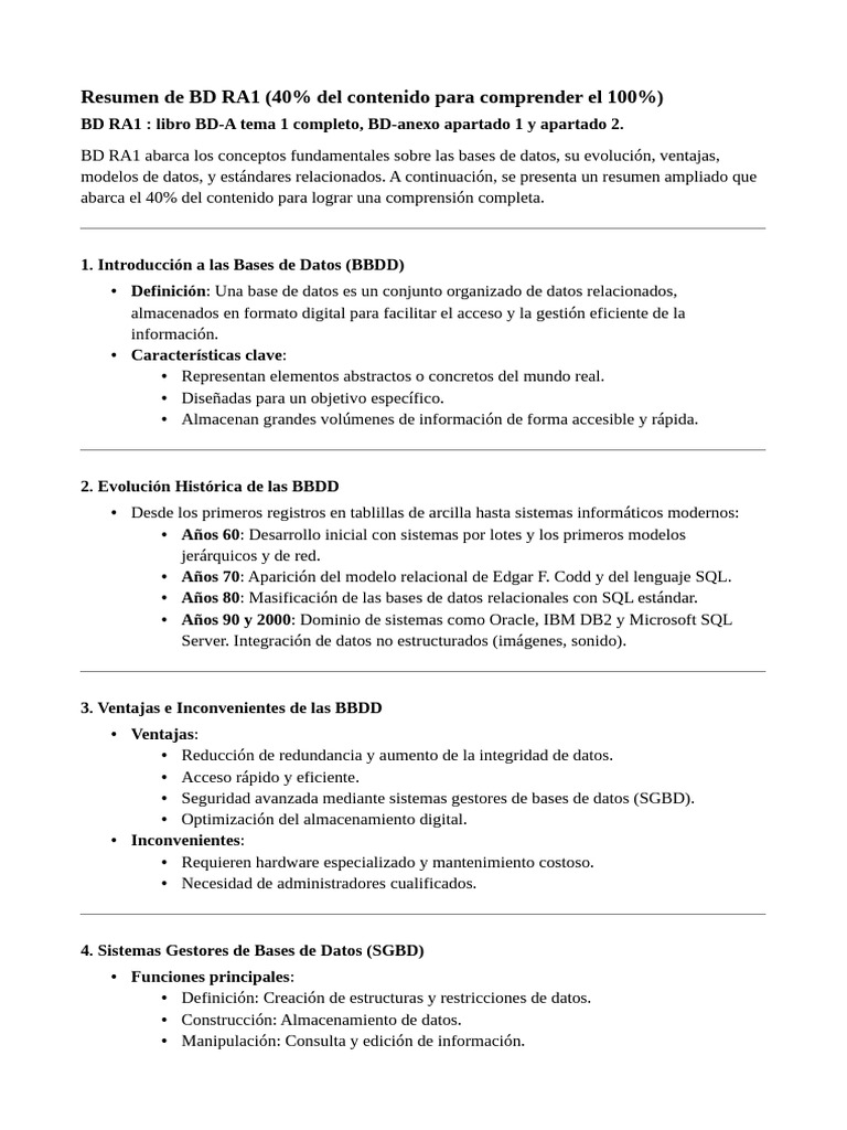 Resumen de Bases de Datos RA1 | PDF | Bases de datos | SQL