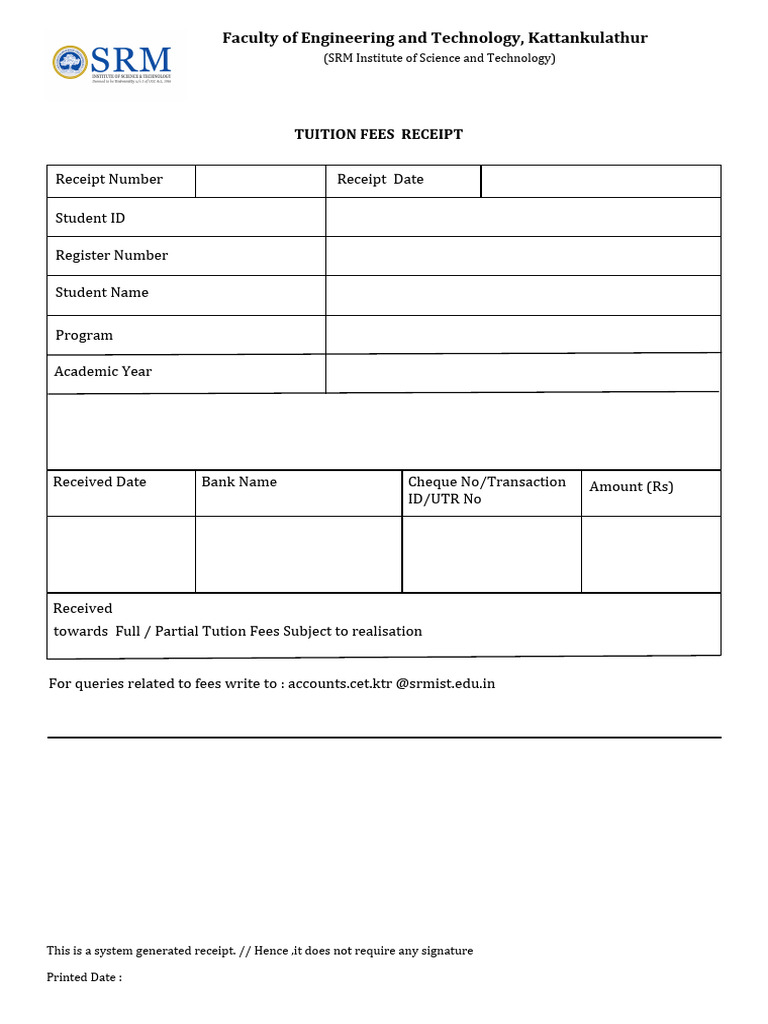 SRM Institute Tuition Fee Receipt 2023 | PDF