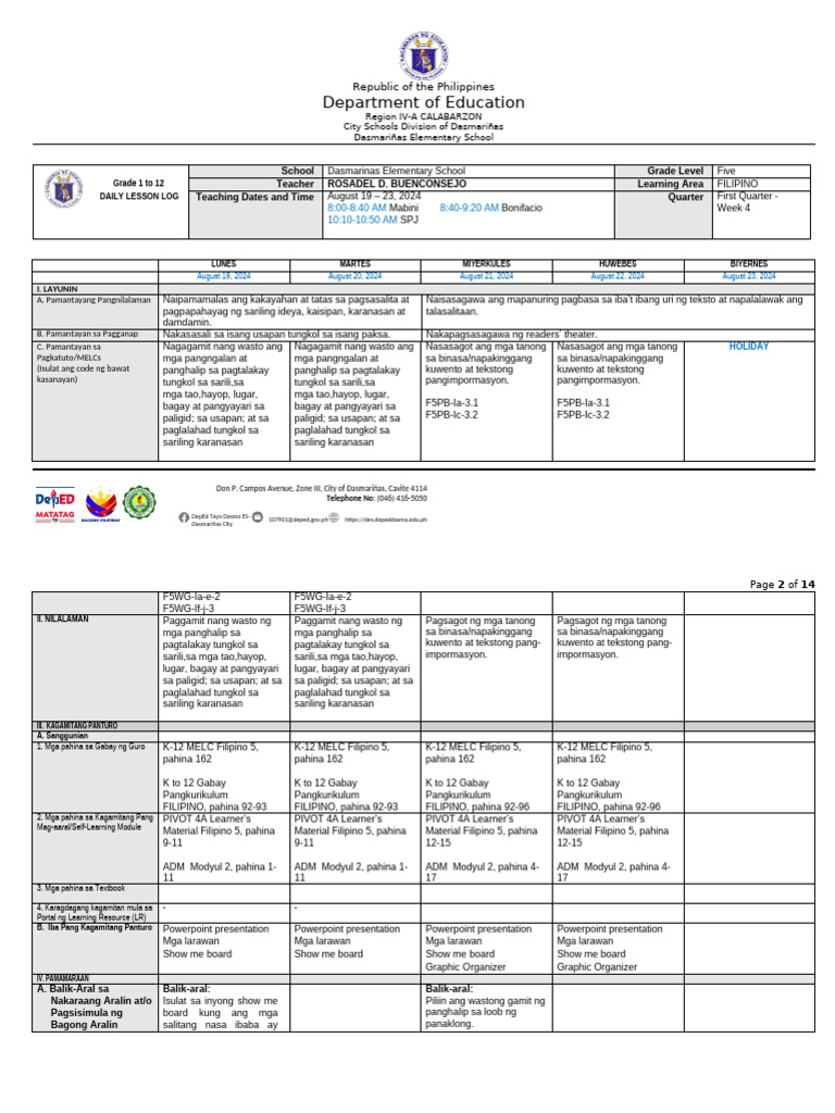 DLL - Filipino 5 Q1 - W4 Buenconsejo | PDF