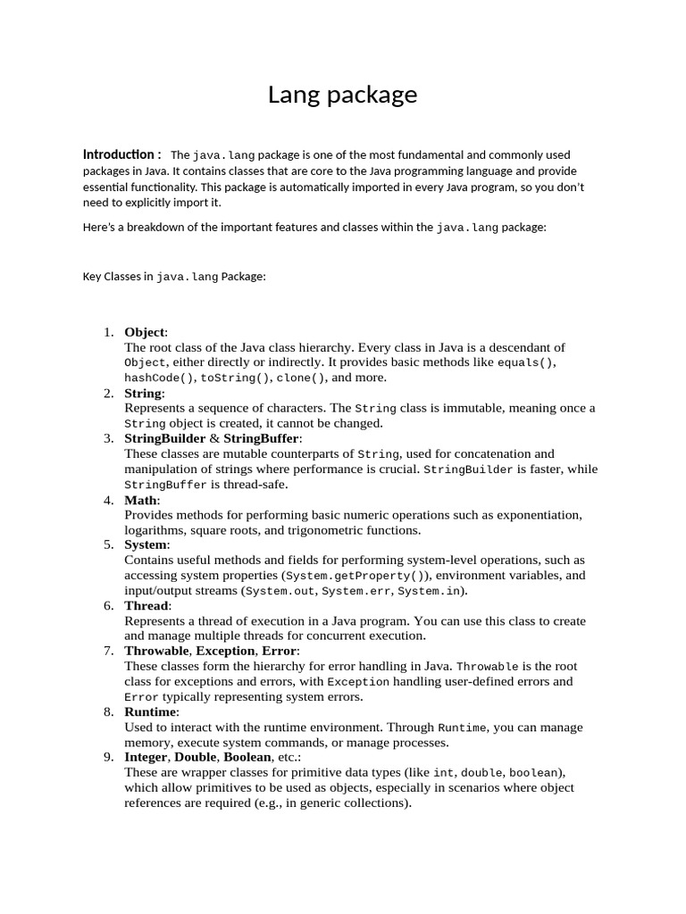 Overview of java.lang Package | PDF | Class (Computer Programming ...