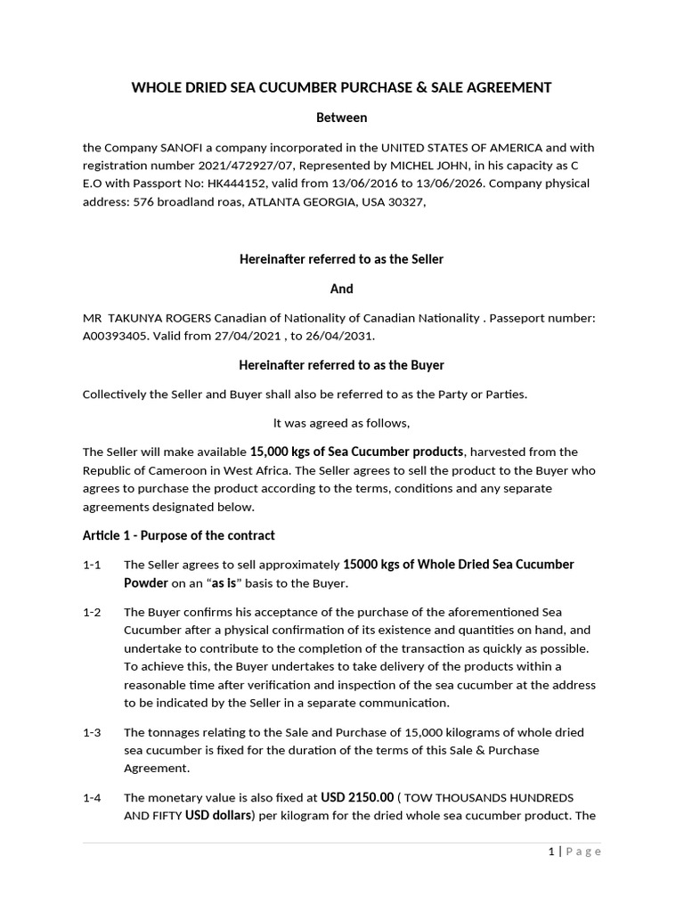 Draft Sales and Purchase Contract Cameroon Sea Cucumber | PDF ...