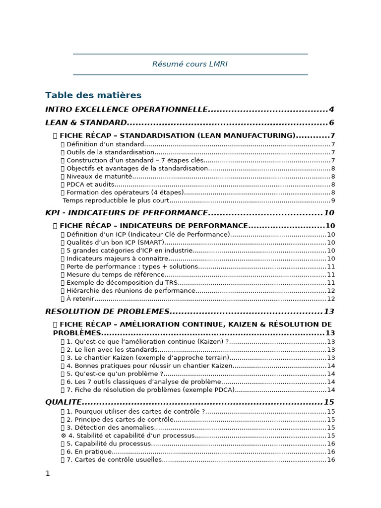 Résumé du cours LMRI : Excellence Opérationnelle | PDF | Lean ...