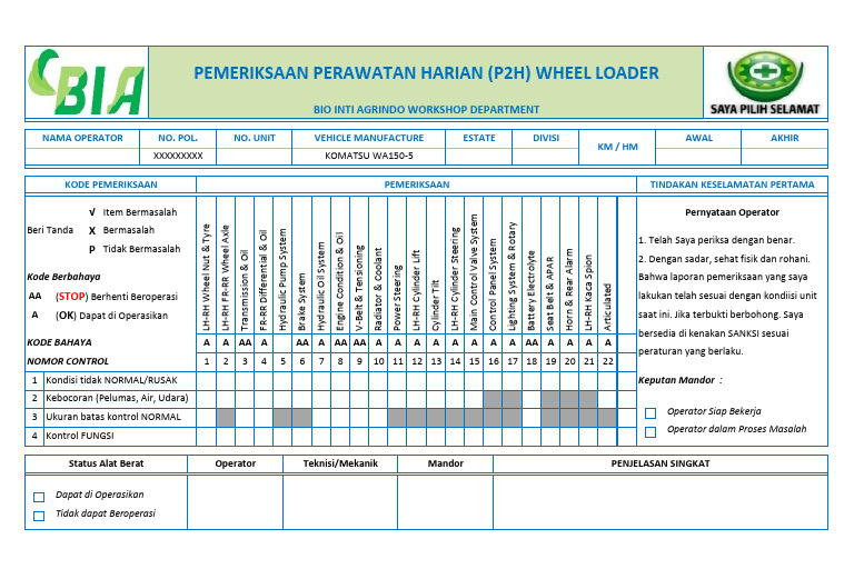 Pemeriksaan P2H Wheel Loader | PDF