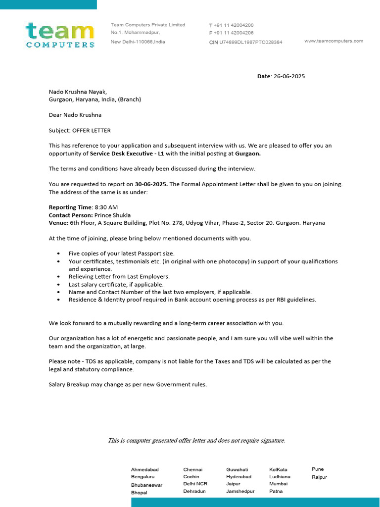 Service Desk Executive Offer Letter | PDF | Economies | Business