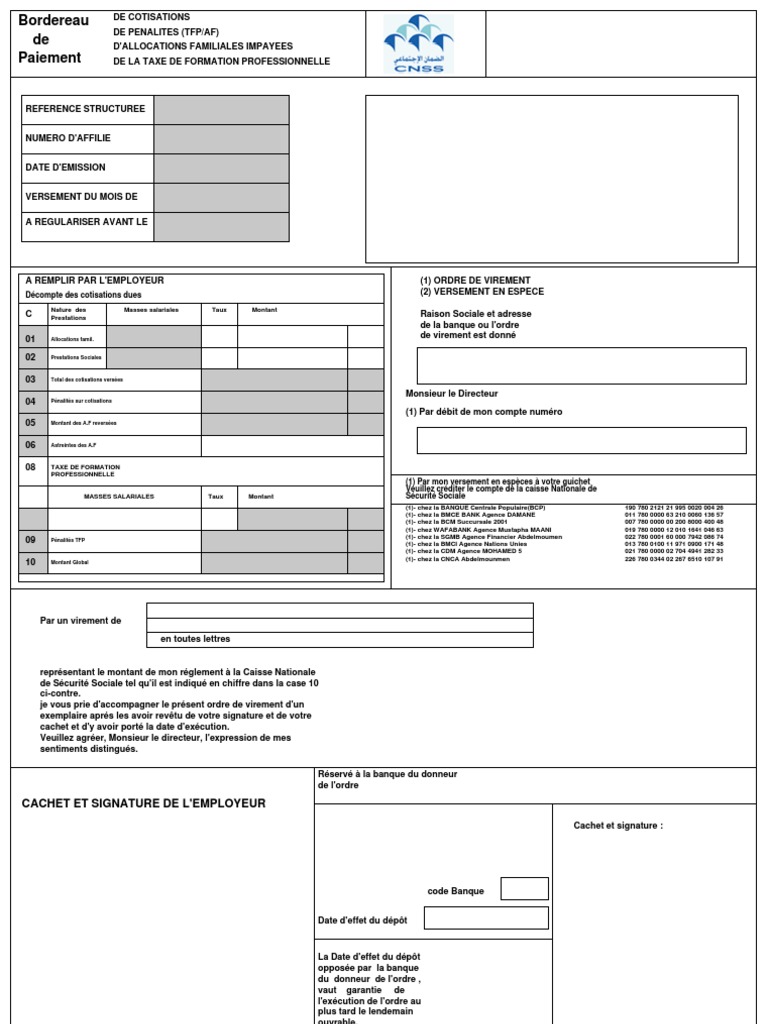 Bordereau De Paiement Cnss Et Amo Societes De Services Financiers Banques