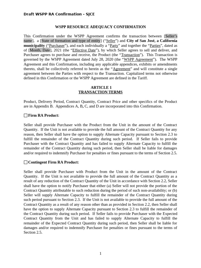 WSPP Resource Adequacy Confirmation SJCE | PDF | Damages | Legal Remedy