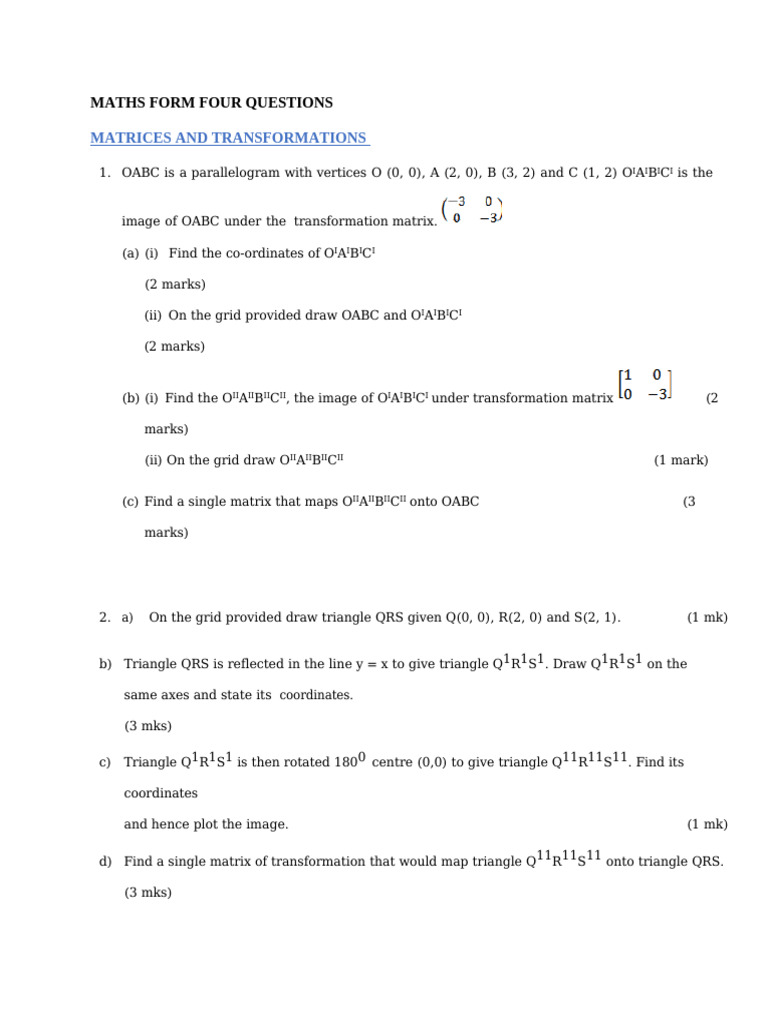 Matrices and Transformations Questions | PDF | Matrix (Mathematics ...