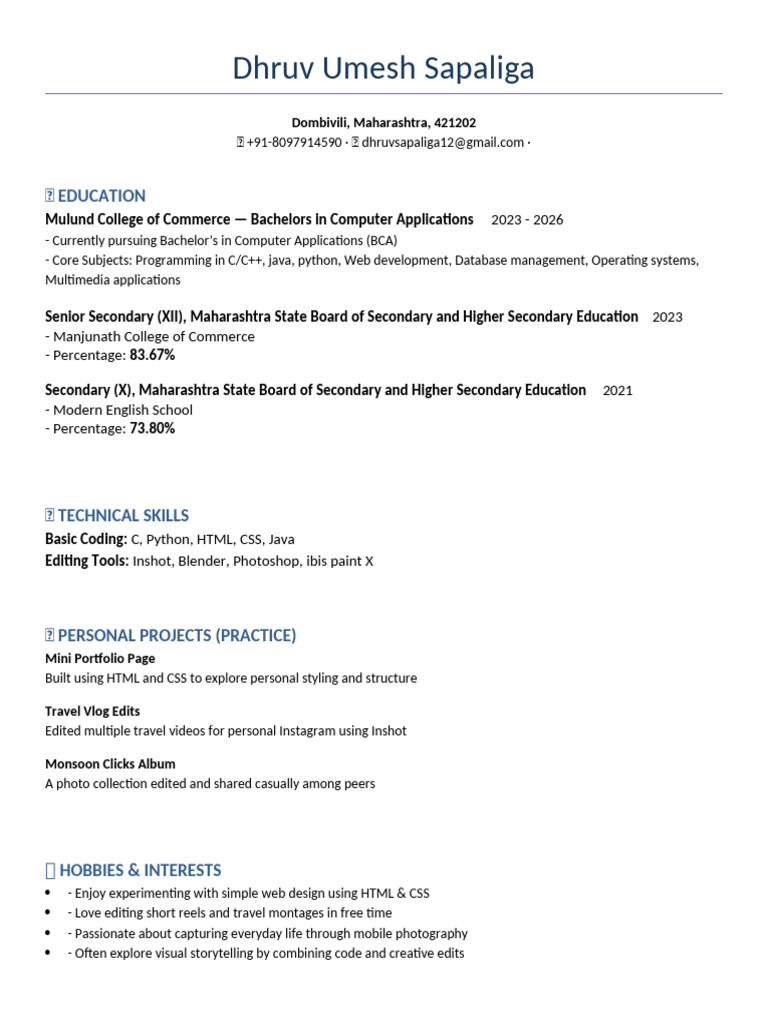 Dhruv Sapaliga: BCA Student & Creator | PDF