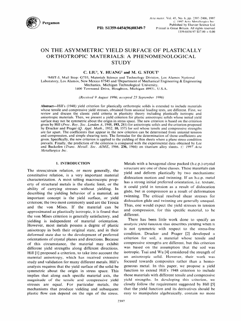 Asymmetric Yield Surface in Orthotropic Materials | PDF | Stress ...