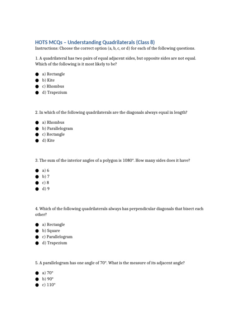 Class 8 HOTS MCQs on Quadrilaterals | PDF | Rectangle | Euclidean Plane ...